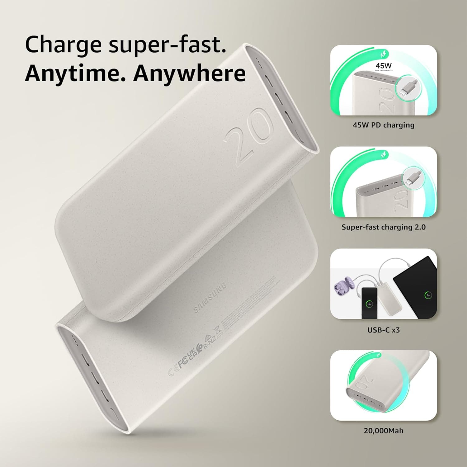 Samsung Galaxy 20000mAh Power Bank, Battery Pack, Gray thumbnail 3