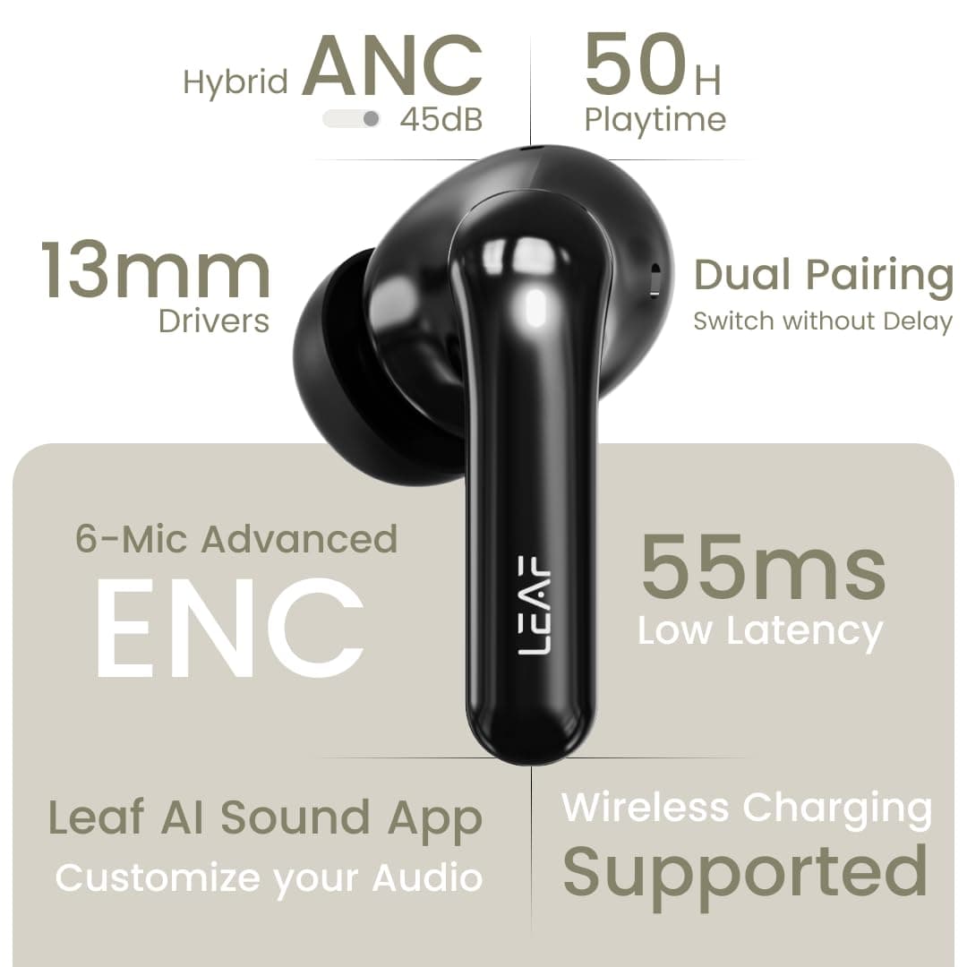 Open-box Leaf Pods X1 Wireless Earbuds with 45dB Hybrid ANC, 50H Playtime