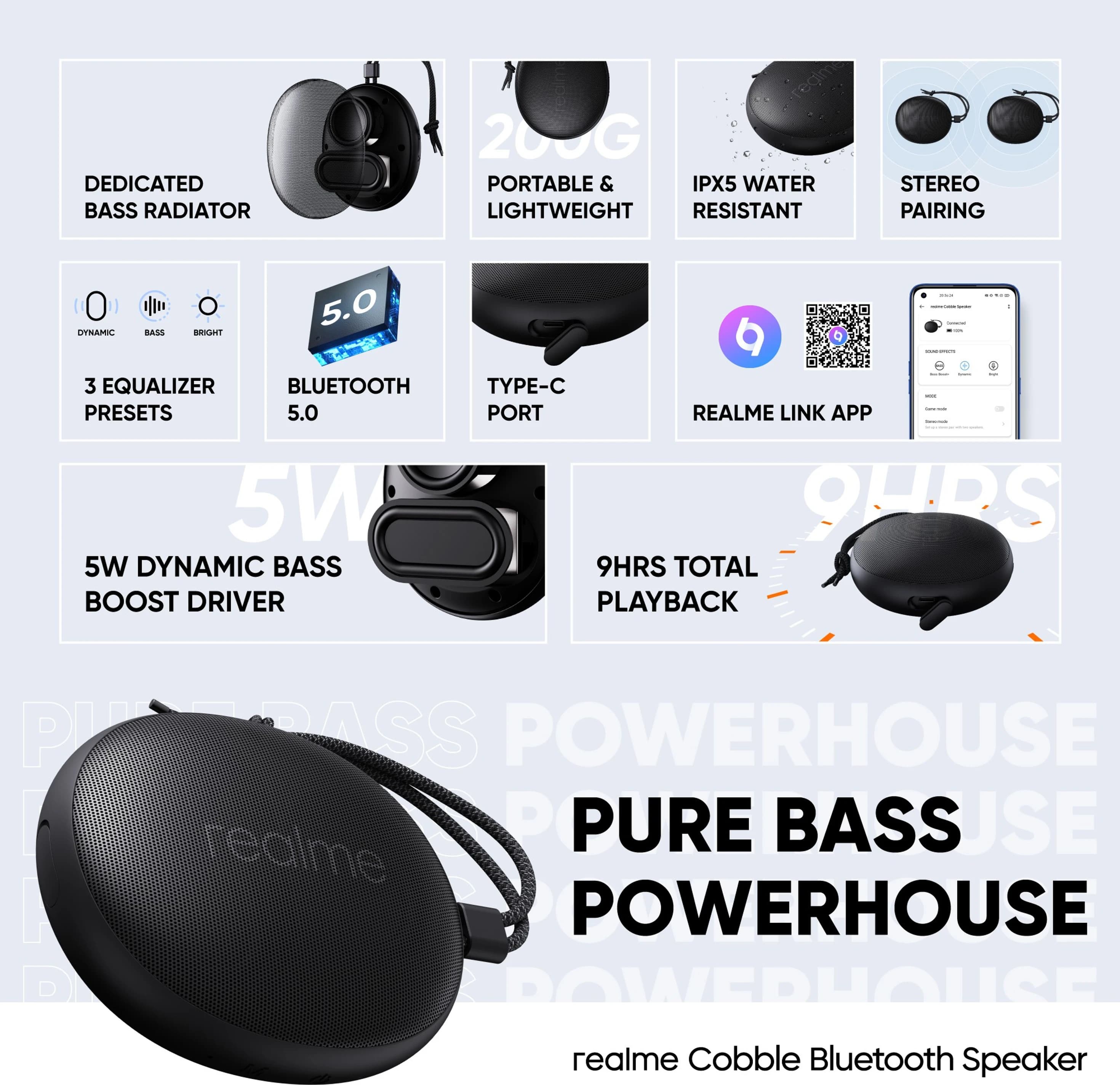 realme Cobble 5W Portable Bluetooth Speaker (IPX5 Water Resistant, Dynamic Bass Booster Driver, Stereo Channel, Metal Black) thumbnail 3