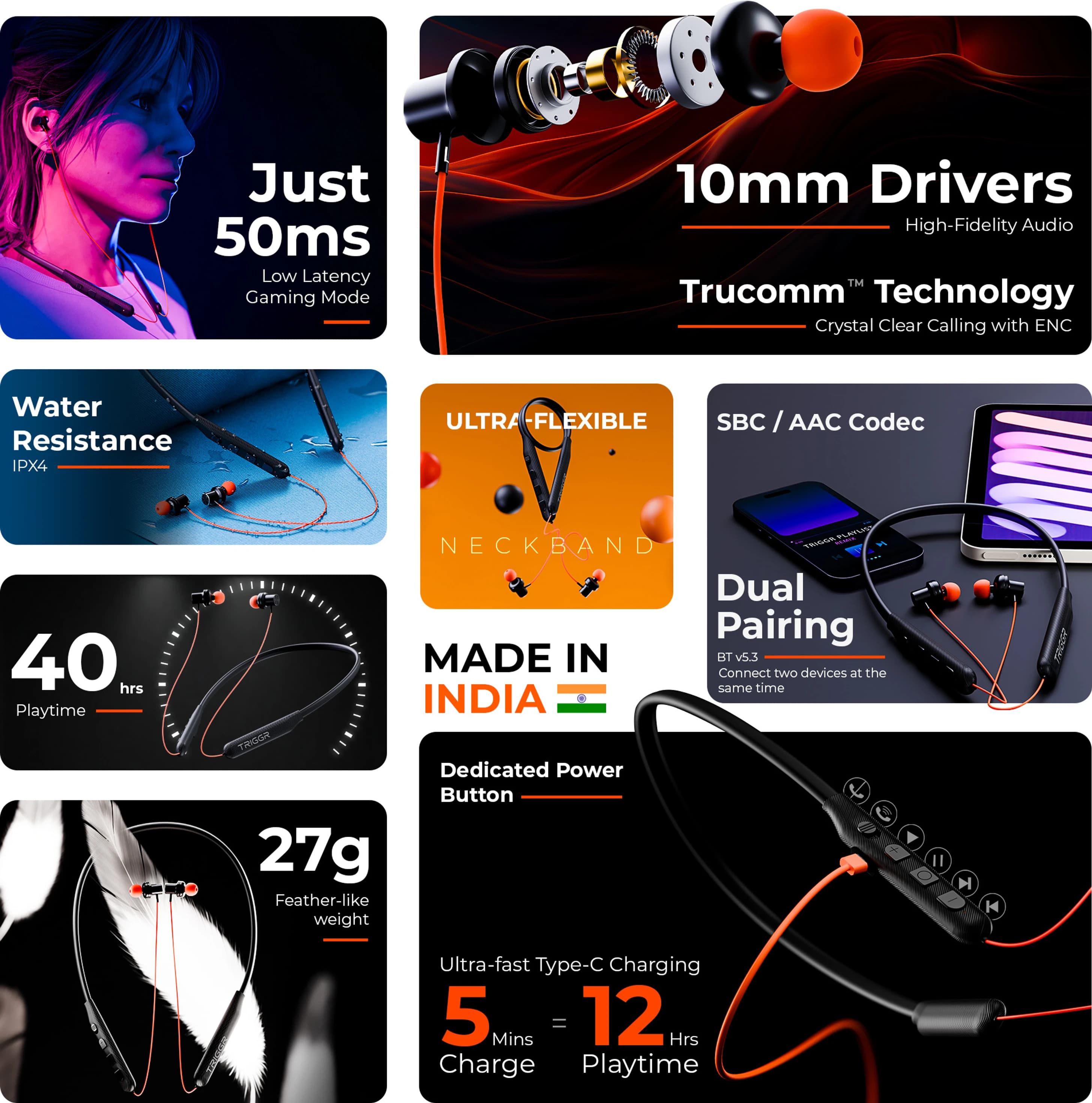 TRIGGR Bassplugs 100 Neckband, Dedicated Power Button, 40H Battery, Dual Pairing, Fast Charge, Ultra-light Weight Bluetooth Headset thumbnail 2