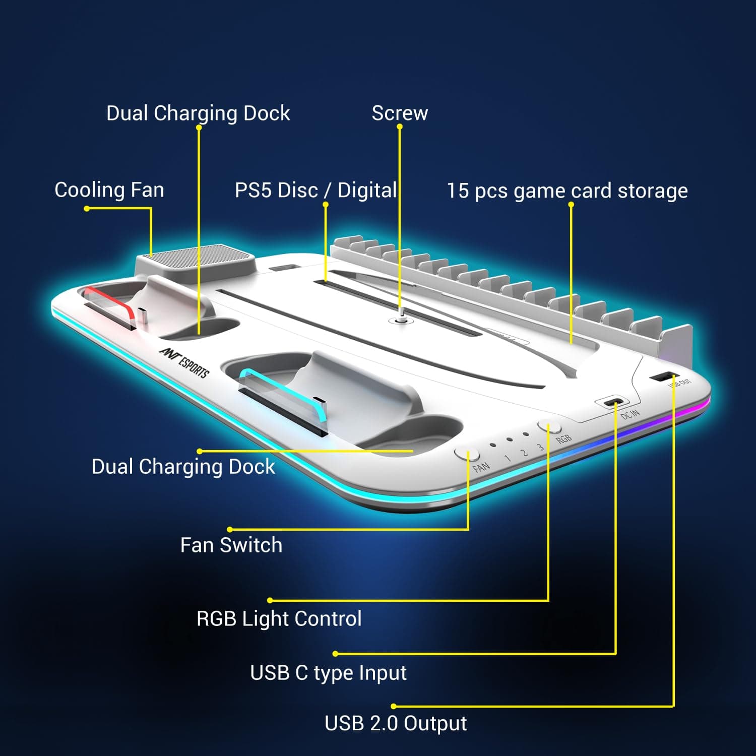 Ant Esports Dock5 RGB with Cooling Fan and Dual Controller Charger Station thumbnail 4