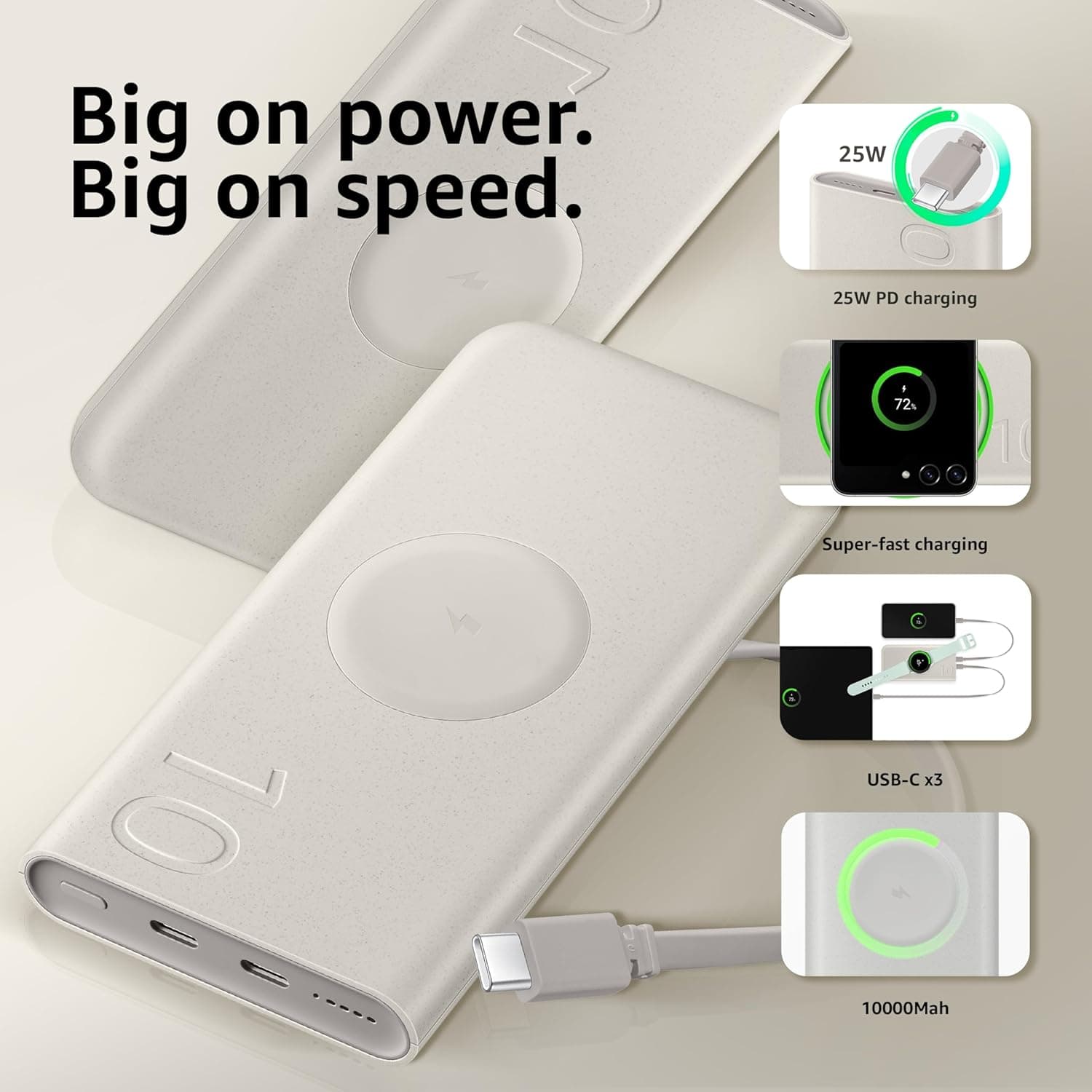 Samsung Galaxy 10000mAh Power Bank, Wireless Battery Pack, Gray thumbnail 3