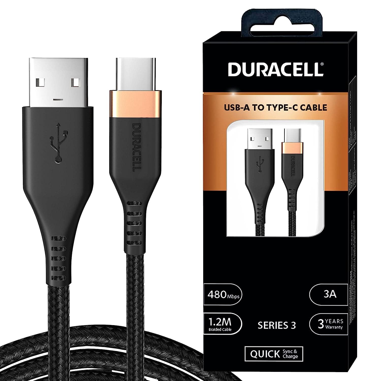 Open-box Duracell USB Type C, 3A Braided Sync & Fast Charging Cable, 3.9 Ft (1.2M), QC 2.0/3.0 Ultra Fast Charging, Compatible with Samsung, One Plus & all C t Total