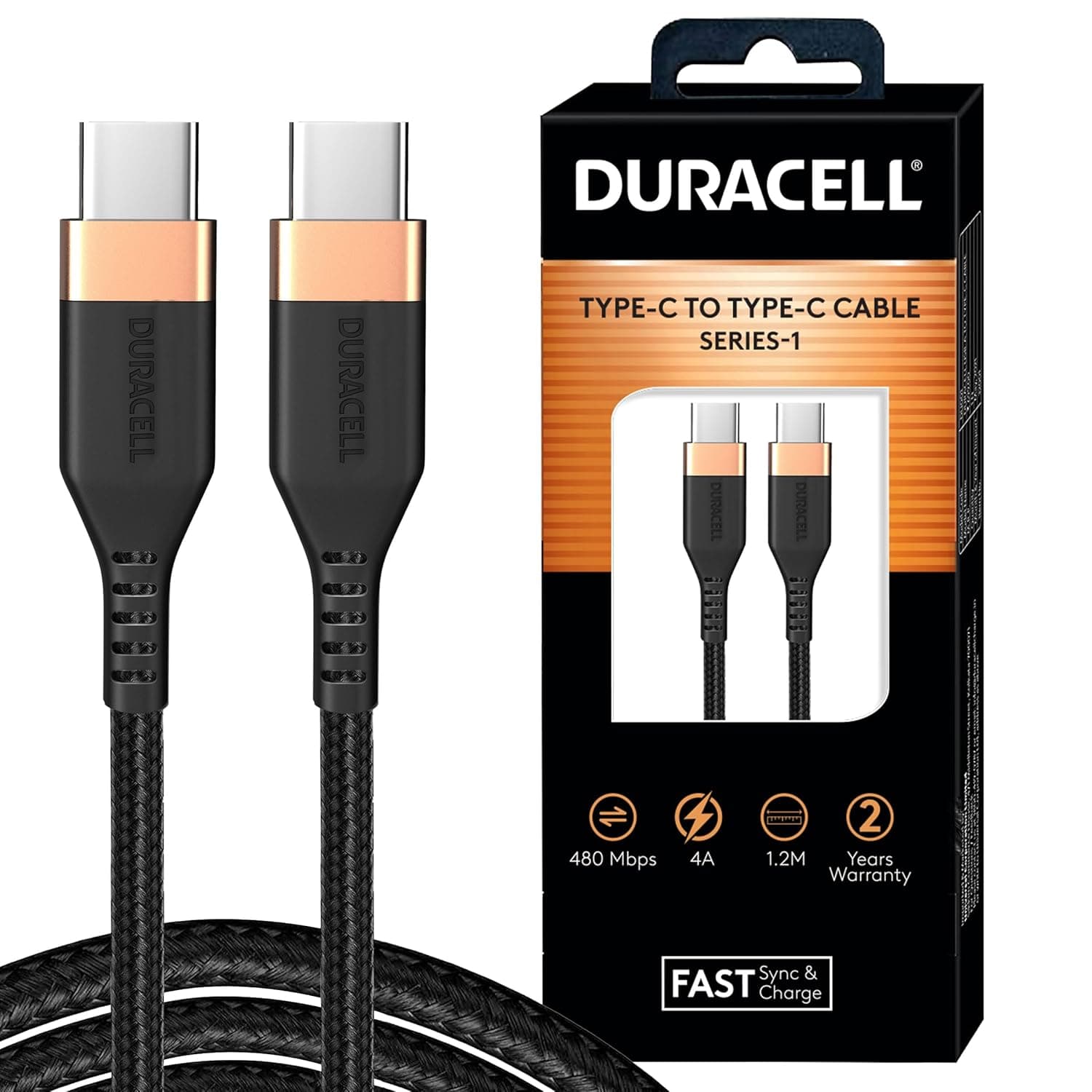 Open-box Duracell USB Type C To Type C 4A (60W) Braided Sync & Fast Charging Cable, Compatible With Mobile, Laptop, Tablets & MacBook, 3.9 Feet (1.2M), Support