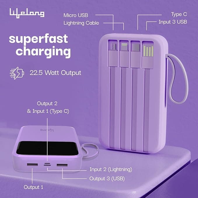 Open-box Lifelong ZenCharge 10000 mAh 22.5 W Compact Pocket Size Power Bank with 6 Input/Output Port