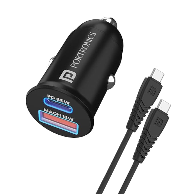 Open-box Portronics 65 Watts Car Power 65 Dual Output Fast Car Charger with 100W Type-C Cable (2m), 65W Type-C