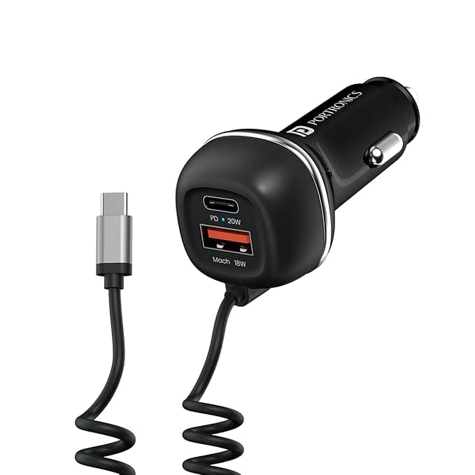 Open-box Portronics 71W Car Power 1C Triple Output Fast Car Charger with 33W Type-C Cable, 20W Type-C PD, 18W USB Port, Fast Charging
