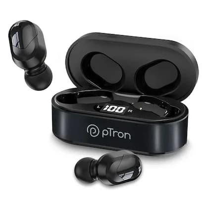Open-box PTron Bassbuds Plus True Wireless Bluetooth 5.0 in Ear Earbuds, Deep Bass, IPX4 Water/Sweat Resistant, Passive Noise Canceling, Digital Display Case &